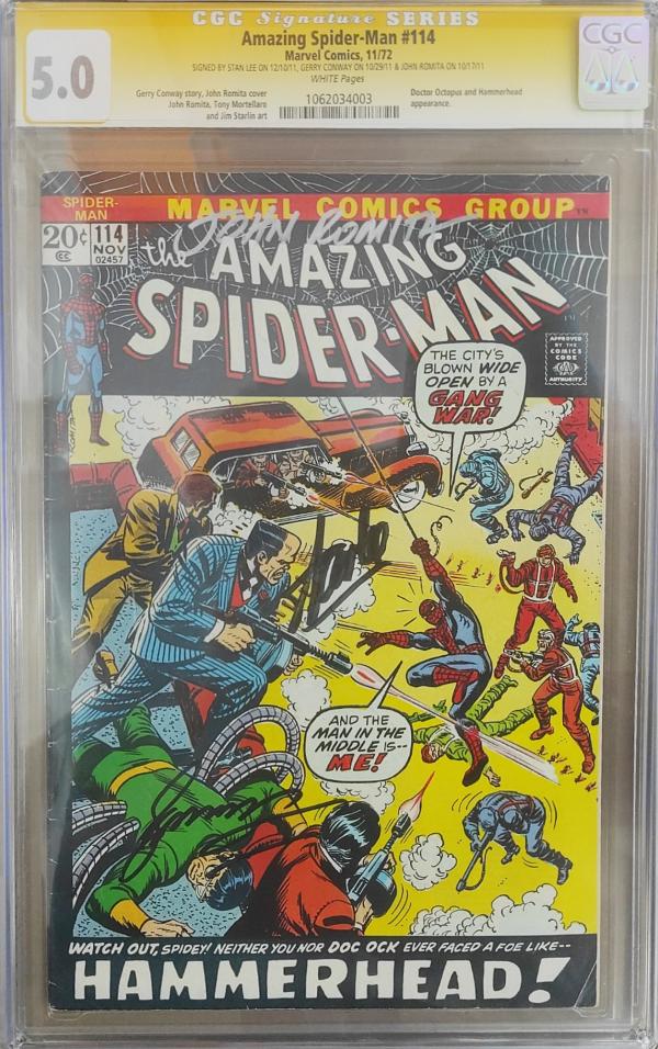 AMAZING SPIDER-MAN #114 SIGNED BY STAN LEE, GERRY CONWAY AND JOHN ROMITA SR 5.0