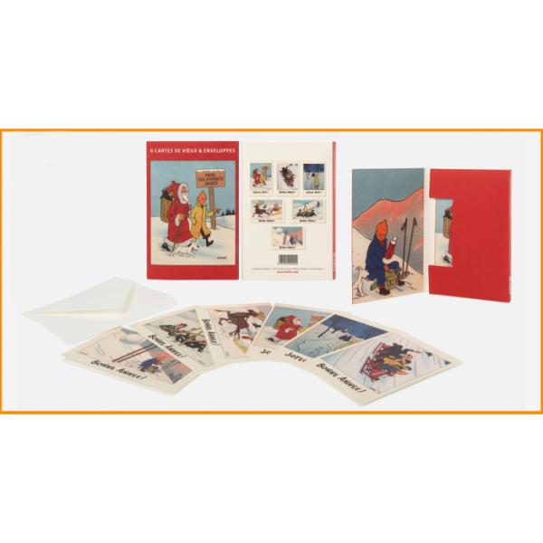 Set de 6 cartes postales doubles + enveloppes - Tintin & Père Noël