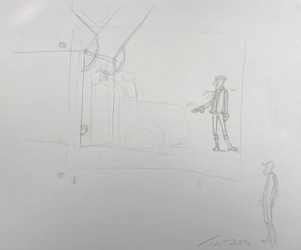 DESSIN ORIGINAL DE TURF POUR LA NEF DES FOUS : CROQUIS HOMME ET VEHICULE