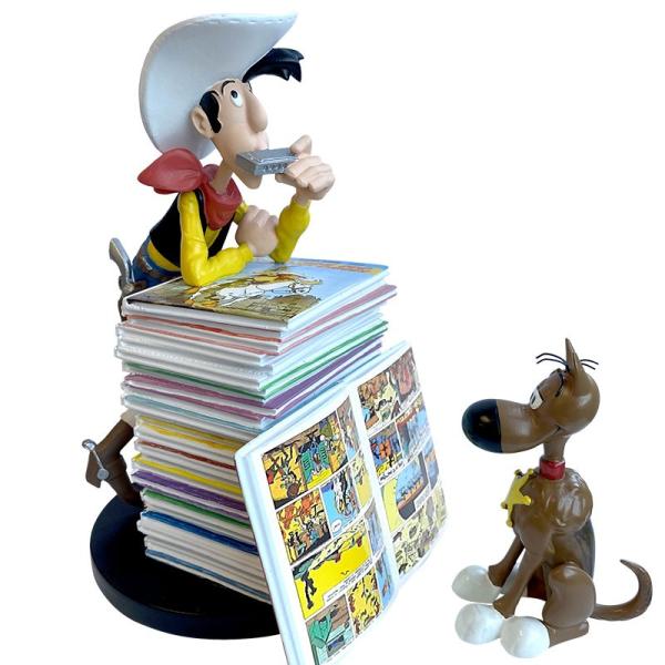 FIGURINE LUCKY LUKE & RANTANPLAN PILE D'ALBUMS