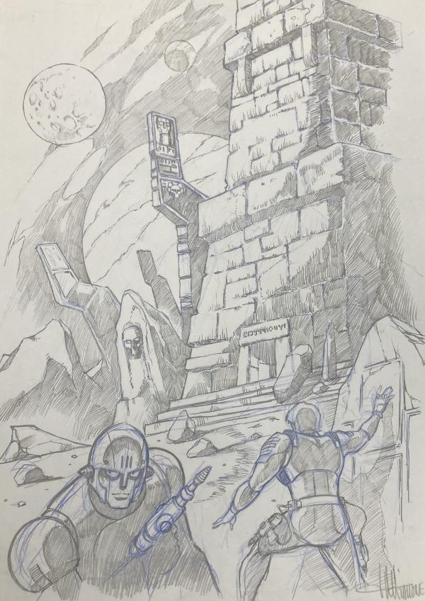 DESSIN ORIGINAL D'ALEXIS TALLONE POUR CAPITAINE FLAM : RUINE MEGARIENNE AVEC CAPITAINE FLAM ET CRAG