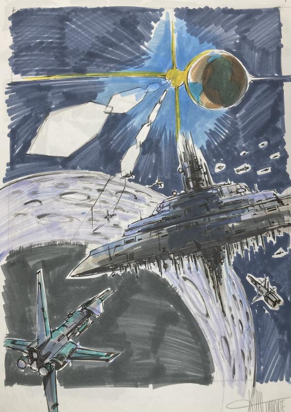 DESSIN ORIGINAL D'ALEXIS TALLONE POUR CAPITAINE FLAM : ESSAI EN COULEUR POUR UNE STATION SPATIALE