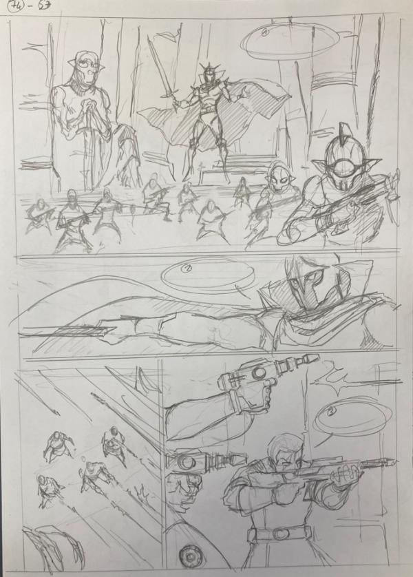 DESSIN ORIGINAL D'ALEXIS TALLONE POUR CAPITAINE FLAM : STORYBOARD POUR L'EMPEREUR ETERNEL PLANCHE 74