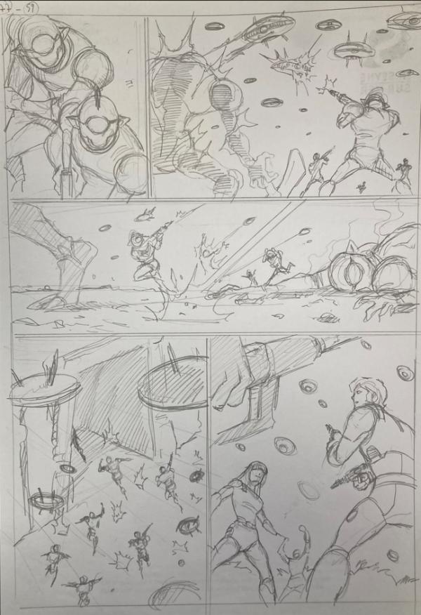 DESSIN ORIGINAL D'ALEXIS TALLONE POUR CAPITAINE FLAM : STORYBOARD POUR L'EMPEREUR ETERNEL PLANCHE 77