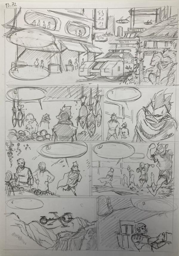 DESSIN ORIGINAL D'ALEXIS TALLONE POUR CAPITAINE FLAM : STORYBOARD POUR L'EMPEREUR ETERNEL PLANCHE 93