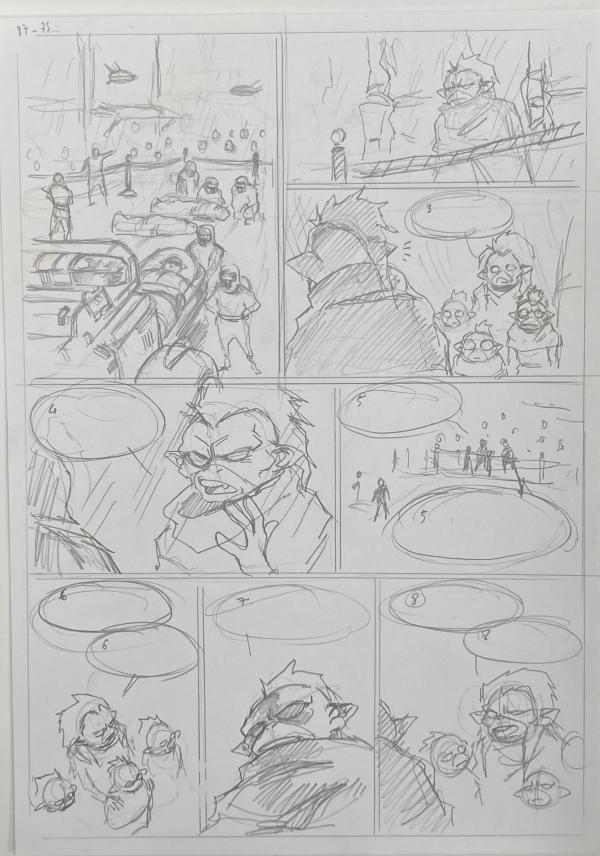 DESSIN ORIGINAL D'ALEXIS TALLONE POUR CAPITAINE FLAM : STORYBOARD POUR L'EMPEREUR ETERNEL PLANCHE 97