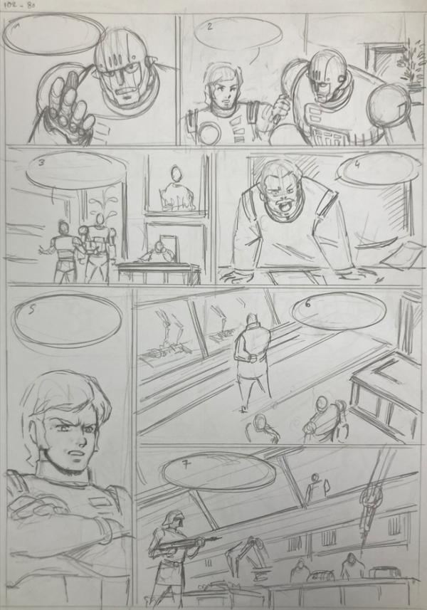 DESSIN ORIGINAL D'ALEXIS TALLONE POUR CAPITAINE FLAM : STORYBOARD POUR L'EMPEREUR ETERNEL PLANCHE 102