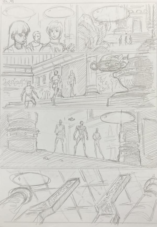 DESSIN ORIGINAL D'ALEXIS TALLONE POUR CAPITAINE FLAM : STORYBOARD POUR L'EMPEREUR ETERNEL PLANCHE 124