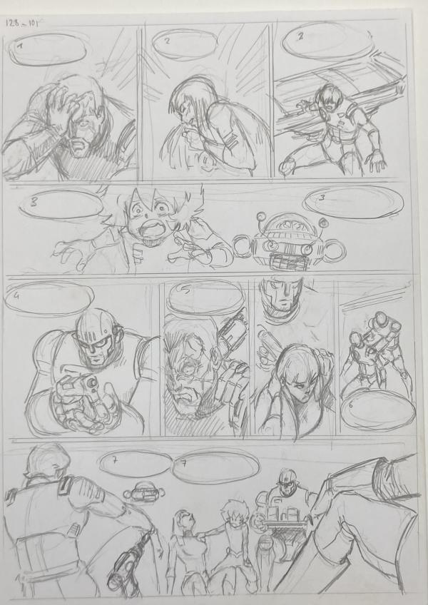 DESSIN ORIGINAL D'ALEXIS TALLONE POUR CAPITAINE FLAM : STORYBOARD POUR L'EMPEREUR ETERNEL PLANCHE 128