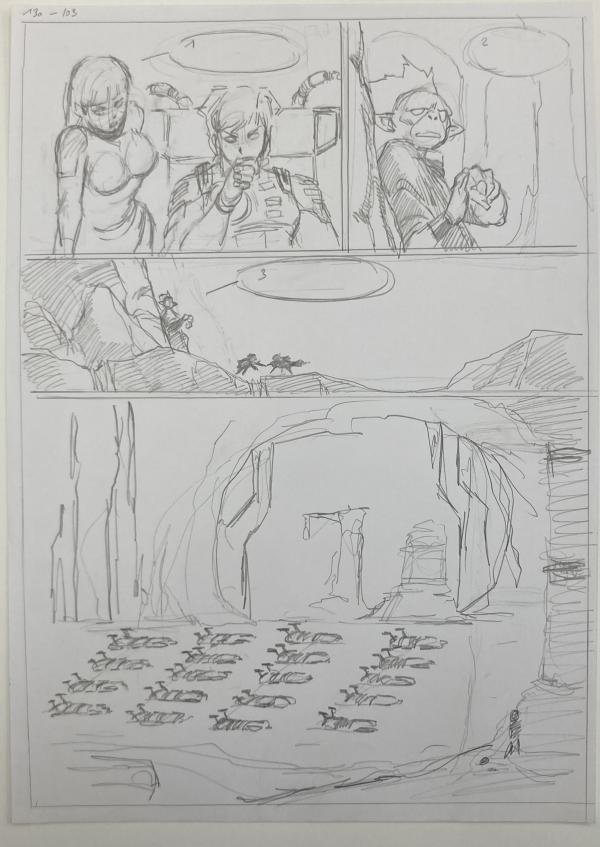 DESSIN ORIGINAL D'ALEXIS TALLONE POUR CAPITAINE FLAM : STORYBOARD POUR L'EMPEREUR ETERNEL PLANCHE 130