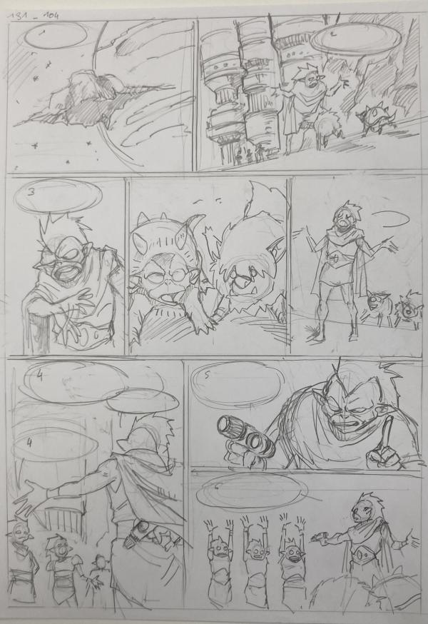 DESSIN ORIGINAL D'ALEXIS TALLONE POUR CAPITAINE FLAM : STORYBOARD POUR L'EMPEREUR ETERNEL PLANCHE 131