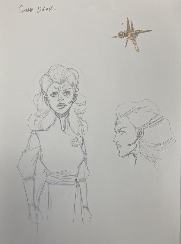 DESSIN ORIGINAL D'ALEXIS TALLONE POUR CAPITAINE FLAM : FICHE DE PERSONNAGE POUR SHANA LIVIAN