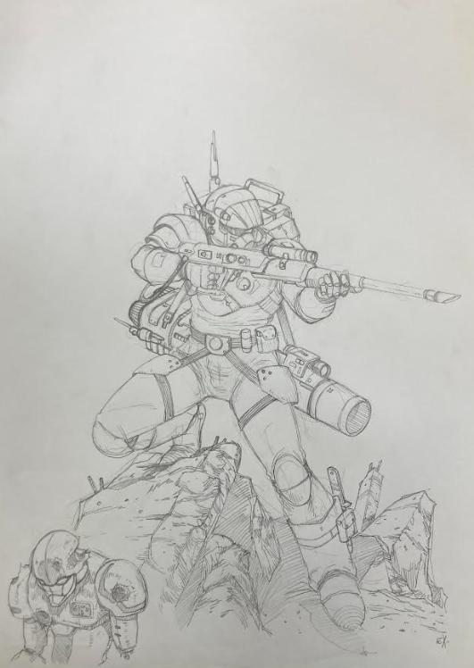 DESSIN ORIGINAL D'ALEXIS TALLONE : PERSONNAGE DE HALO CRAYONNÉ