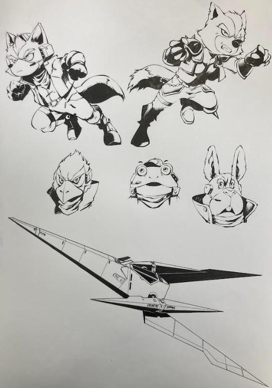 DESSIN ORIGINAL D'ALEXIS TALLONE : STARFOX PLANCHE DE PERSONNAGES AVEC VAISSEAU