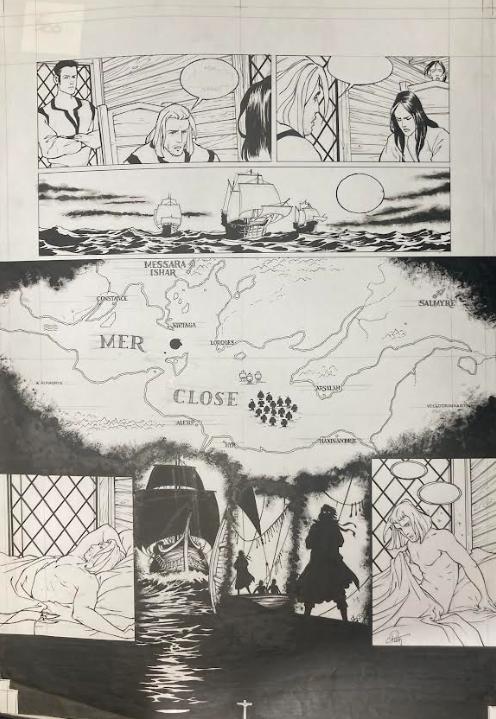 DESSIN ORIGINAL DE CHRISTIAN PATY POUR LA GESTE DES CHEVALIERS DRAGONS PLANCHE LE PARCOURS DU NAVIRE