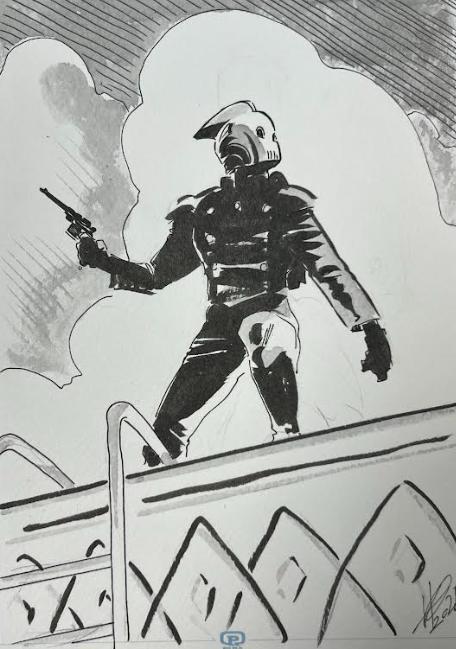DESSIN ORIGINAL D'ERIC HERENGUEL POUR ROCKETEER : ROCKETEER EN ACTION