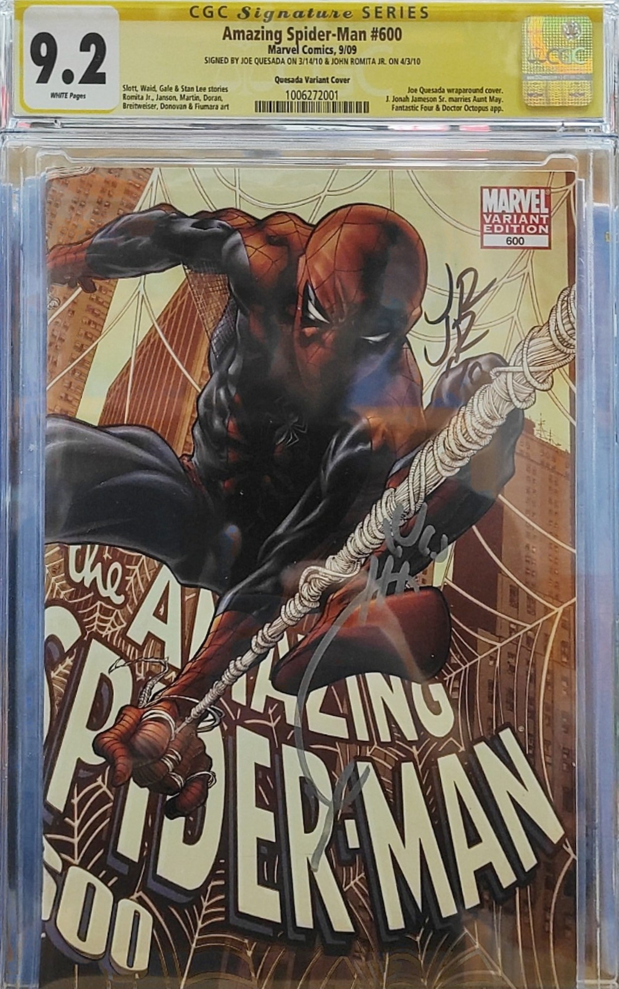 AMAZING SPIDER-MAN #600 QUESADA VAR SIGNED BY J.QUESADA & JR JR 9.2