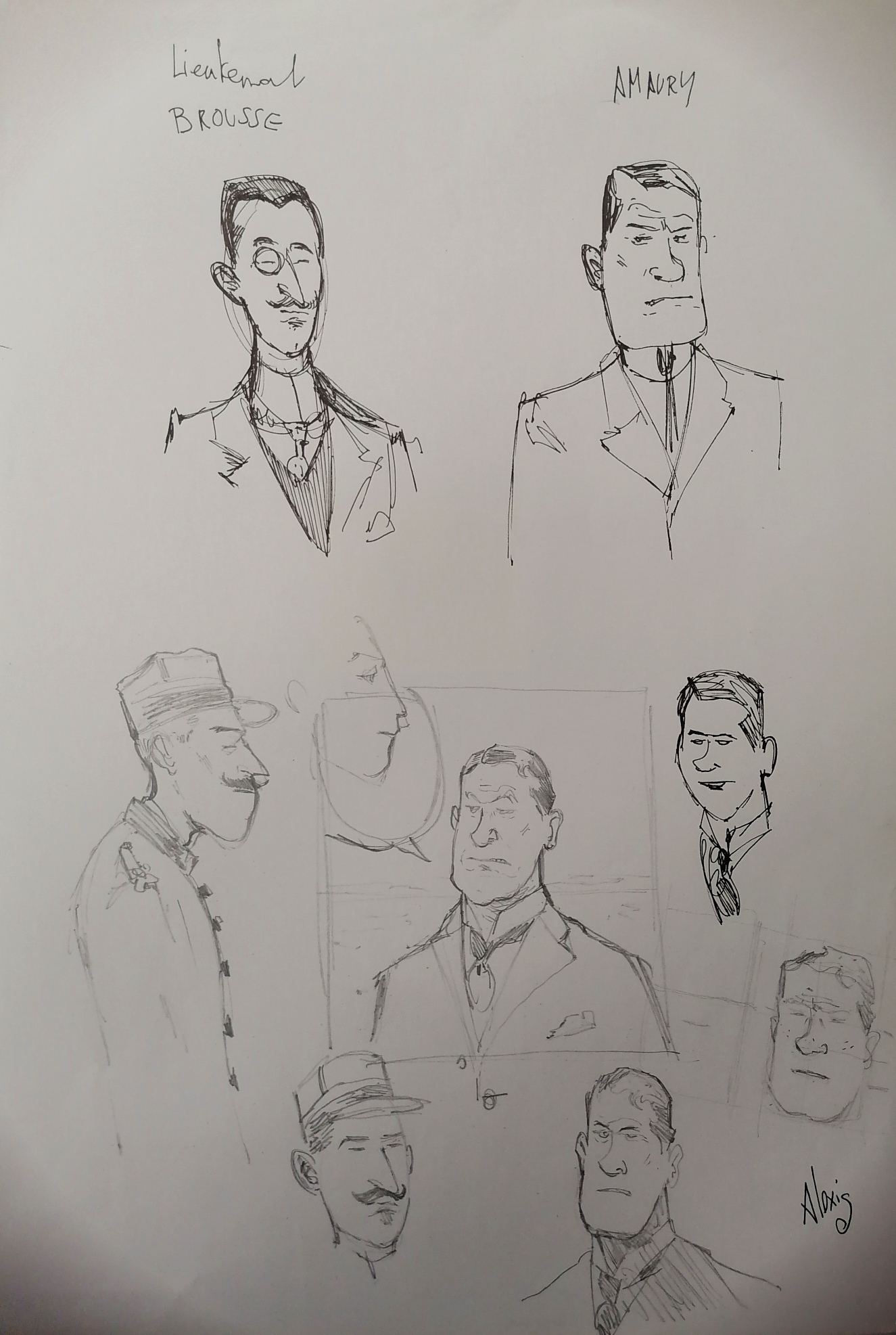 DESSIN ORIGINAL D'ALEXIS CHABERT : CRAYONNÉ ET ENCRAGE DU LIEUTENANT BROUSSE ET AMAURY