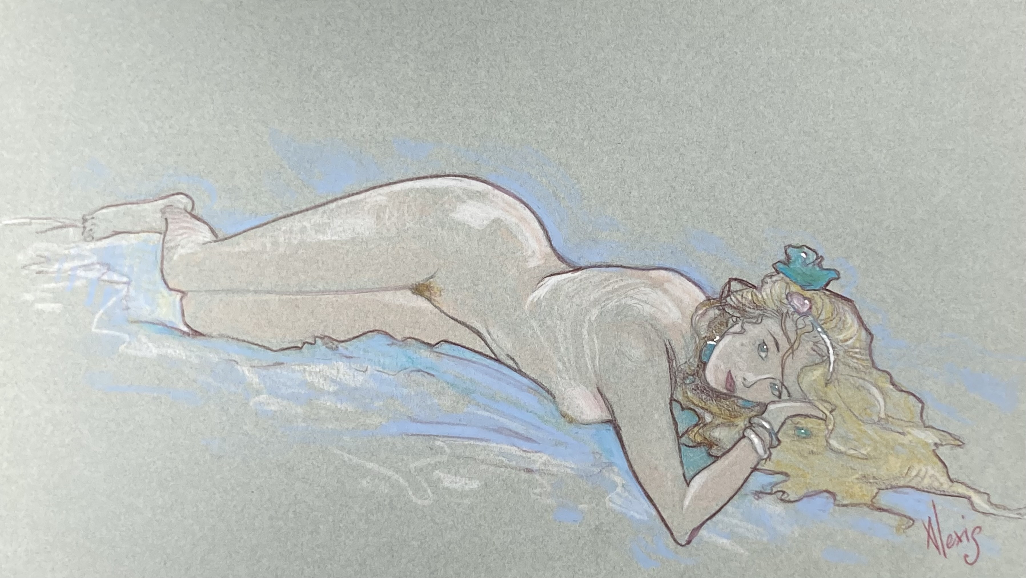 DESSIN ORIGINAL D'ALEXIS CHABERT : FEMME ALLONGÉE NUE EN COULEUR