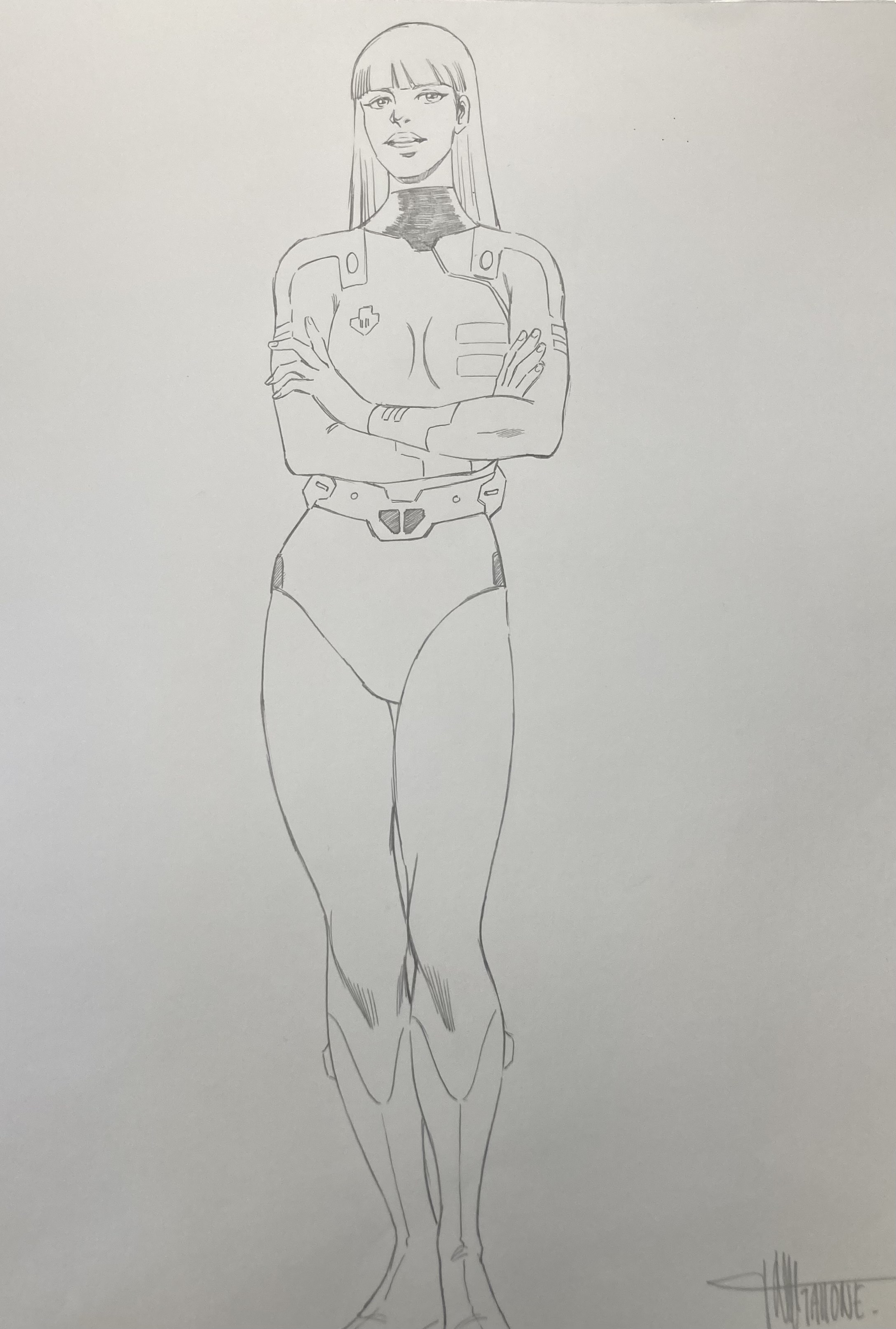 DESSIN ORIGINAL D'ALEXIS TALLONE POUR CAPITAINE FLAM : AGENT LANDORE PLEIN PIED CRAYONNÉE