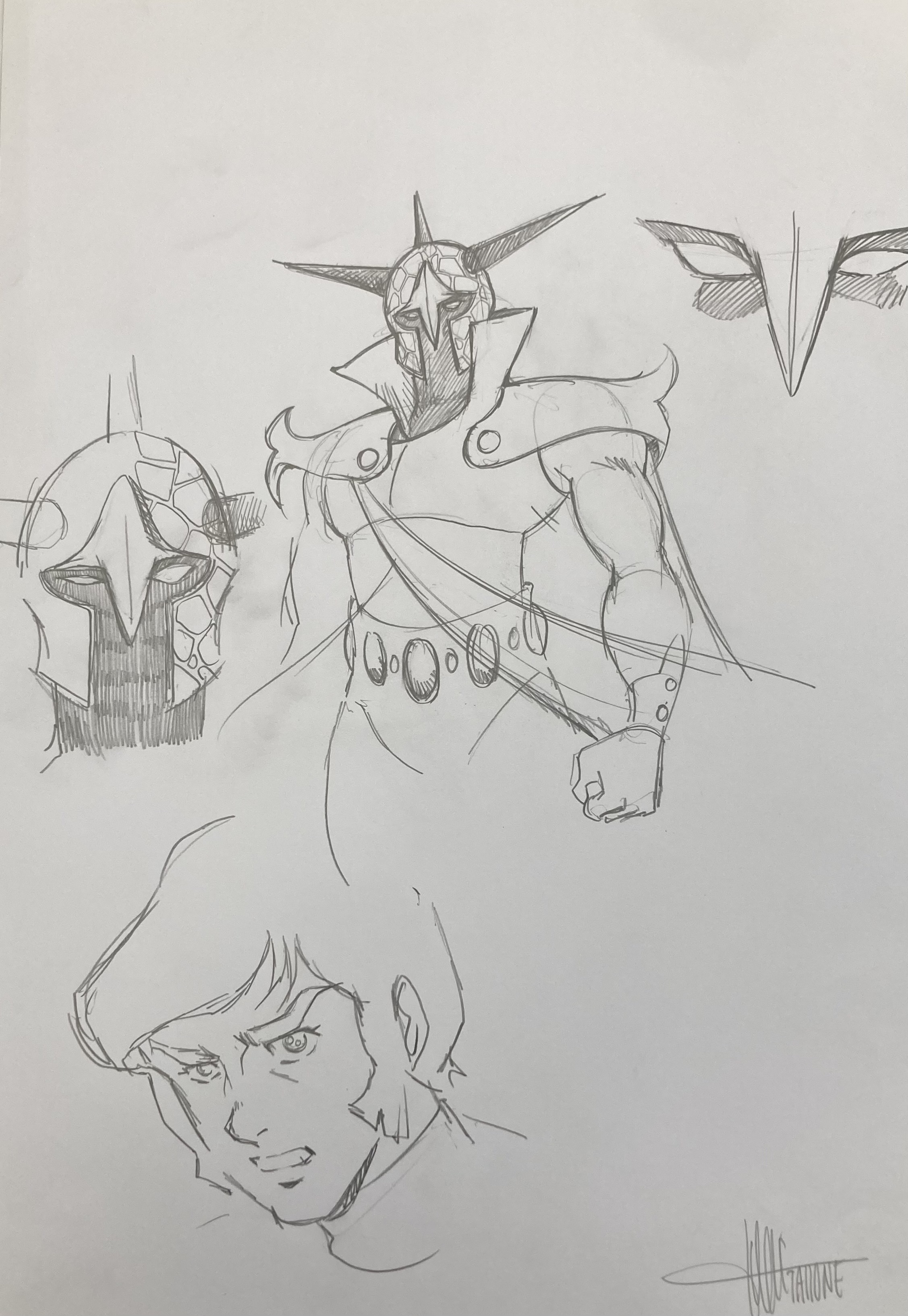 DESSIN ORIGINAL D'ALEXIS TALLONE POUR CAPITAINE FLAM : PLANCHE DE CROQUIS AVEC CAPITAINE FLAM ET L'EMPEREUR ETERNEL